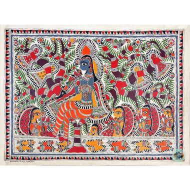 Krishna playing flute on a tree