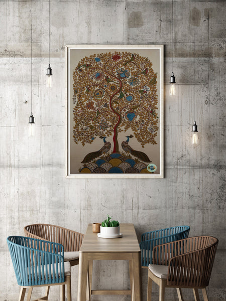 Peacocks and birds in a tree