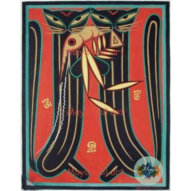 Two cats holding a large prawn